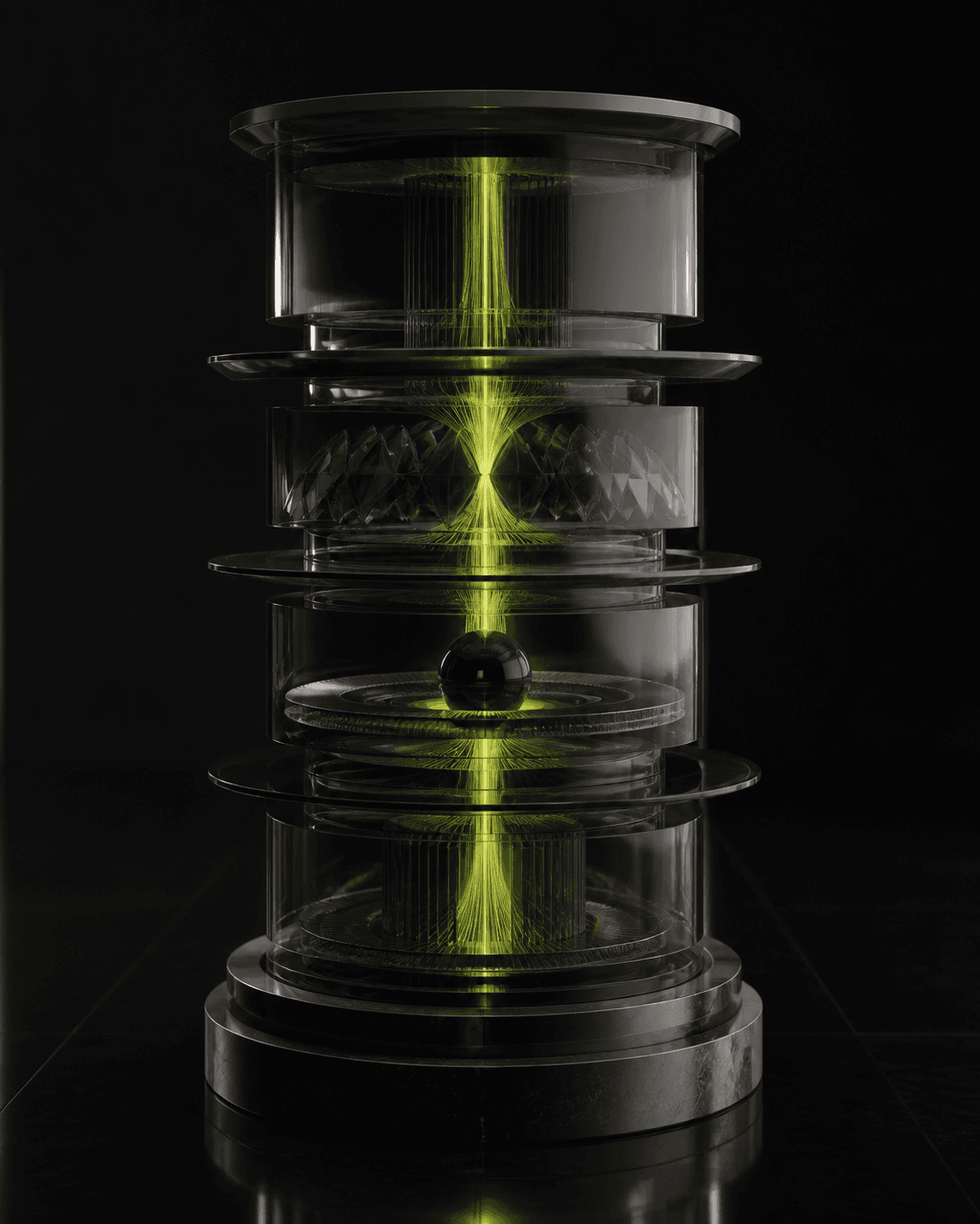Vertikale Glasskulptur als Sinnbild für den vierstufigen GrowthAIQ Signalfluss